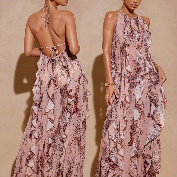 Khaki Elegant Women's Long Sleeveless Ruffle Maxi Dress - Picture 1 of 5